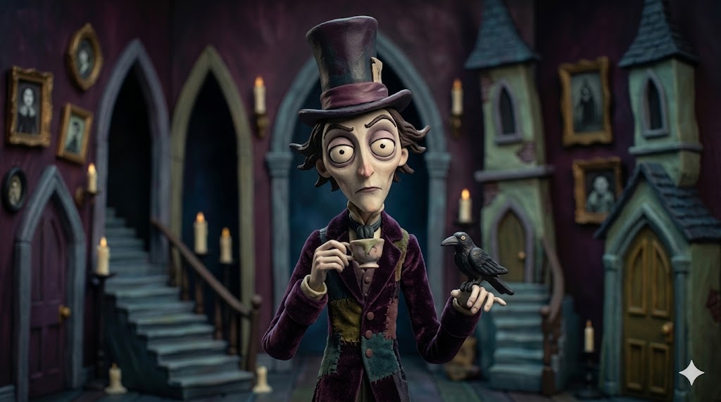 Um Chapeleiro Maluco cadavérico e melancólico, vestido com veludo roxo e retalhos, equilibra uma xícara de chá e um corvo em um cenário gótico de stop-motion.